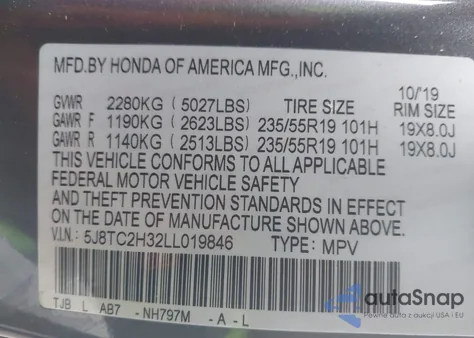 2020 Acura Rdx Standard from USA, damaged, VIN 5J8TC2H32LL019846